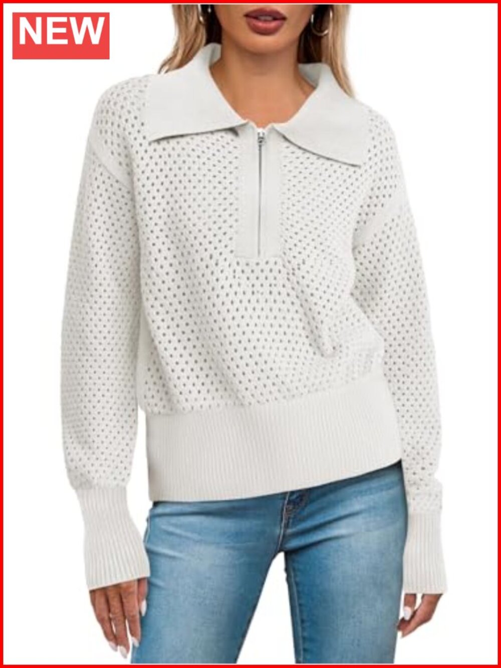 Women's Crochet Knit Half Zip Pullover Sweater Long Sleeve